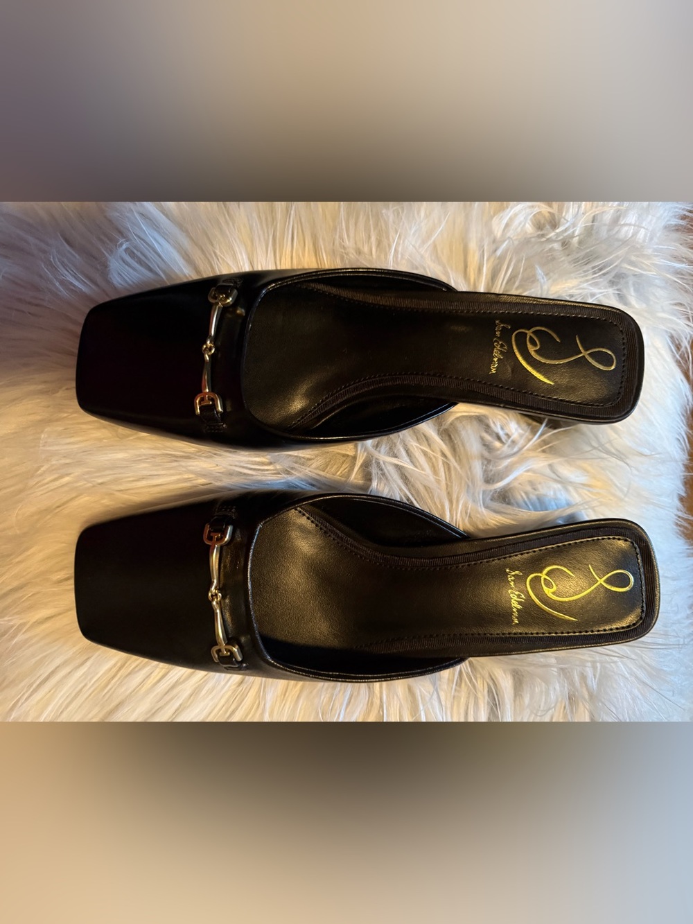 Sam Edelman Black Square-Toe Slip-On Mules with Gold Accent horsebit.
